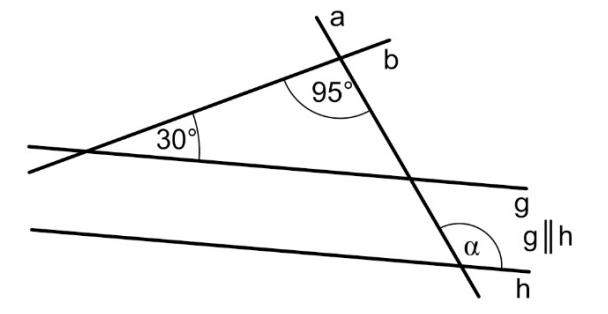 Geometrische Skizze mit parallelen Geraden g und h, Transversalen a und b sowie den Winkeln 30°, 95° und α.